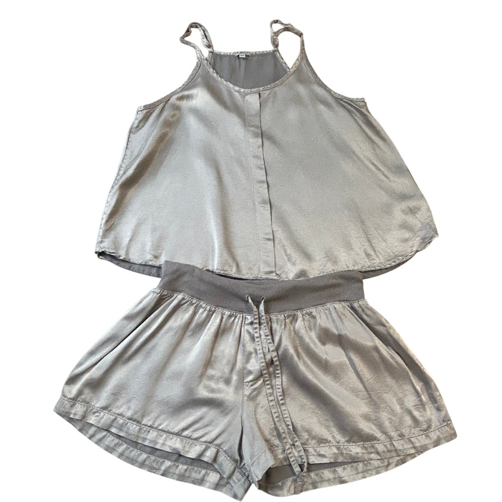 PJ Harlow Mikel Babe Pajama Set M Silver Satin Cami Shorts Loungewear